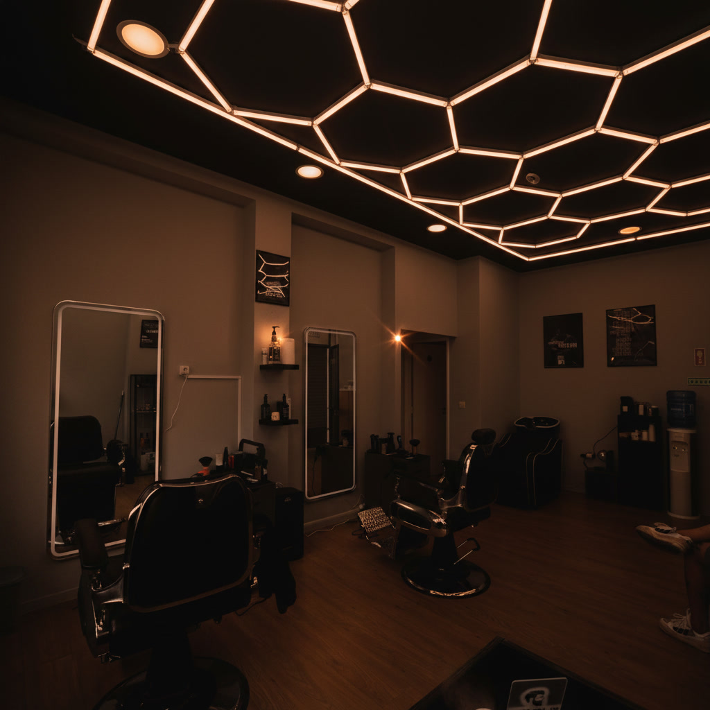 Interior da Blackout Barbershop Maia com iluminação LED hexagonal no teto e cadeiras premium